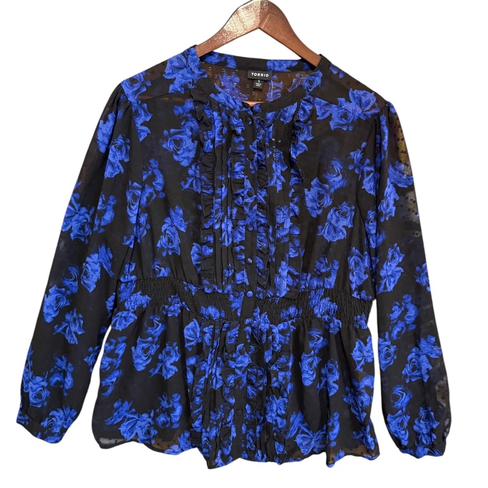 NWT Torrid Blue Rose Floral Clip Dot Ruffle Smocked Waist Blouse 1X 14-16 Sheer